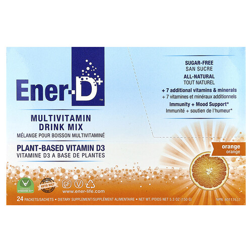 Ener-c Ener-D, Vitamin D3, Hydrating Effervescent Drink Mix, Sugar Free, Orange, 1,000 mg, 24 Packets