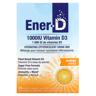 Ener-C, Ener-D, D3 Vitamini, Nemlendirici Efervesan İçecek Karışımı, Şekersiz, Portakal, 1.000 mg, 24 Paket