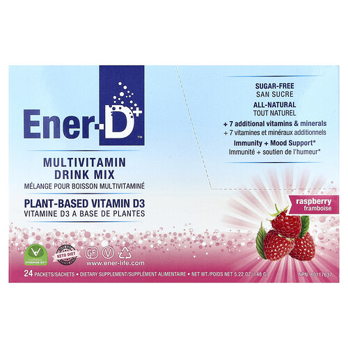 Ener-C, Ener-D™, Vitamin D3+, Multivitamin-Getränkemischung, zuckerfrei, Himbeere, 24 Beutel
