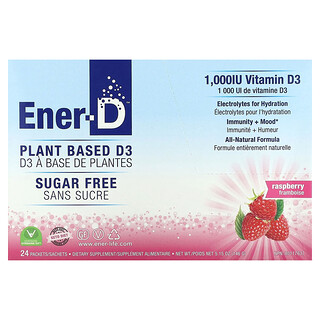 Ener-C‏, Ener-D, ויטמין D3, תערובת להכנת משקה תוסס, ללא סוכר, פטל, 1,000 מ"ג, 24 שקיקים