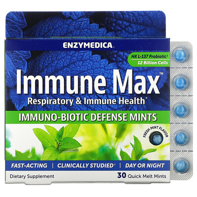 Enzymedica Immune Max, Immuno-Biotic Defense Mints, Fresh Mint, 30 Quick Melt Mints