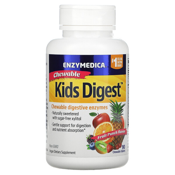 Kids Digest, Enzimas digestivas masticables, Ponche de frutas, 90 tabletas masticables