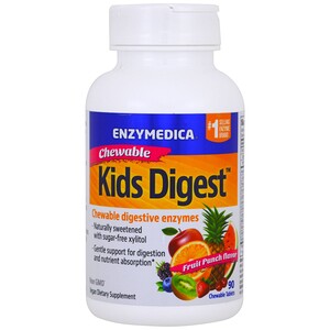 Enzymedica, Kids Digest, жевательные пищеварительные ферменты, фруктовый пунш, 90 жевательных таблеток инструкция, применение, состав, противопоказания