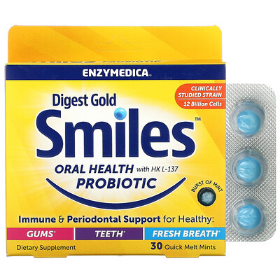 Enzymedica Digest Gold Smiles Oral Health Probiotic, 30 Quick Melt Mints