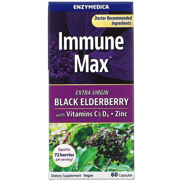 Immune Max 黑接骨木果，含维生素 C 和维生素 D3、锌，60 粒胶囊