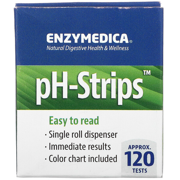 Enzymedica‏, רצועות למדידת רמת חומציות (pH), מיכל המכיל רצועה יחידה באורך 4.8 מטרים