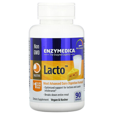 Enzymedica Lacto, самая продвинутая формула для усвоения молочных продуктов, 90 капсул