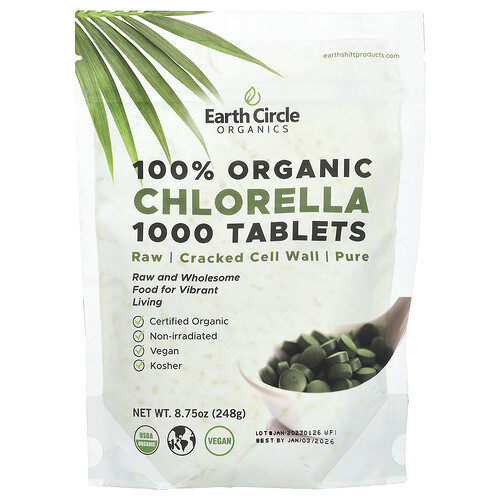 Earth Circle Organics Таблетки 100% органической хлореллы 1000 таблеток 8 75 унций (248 г)