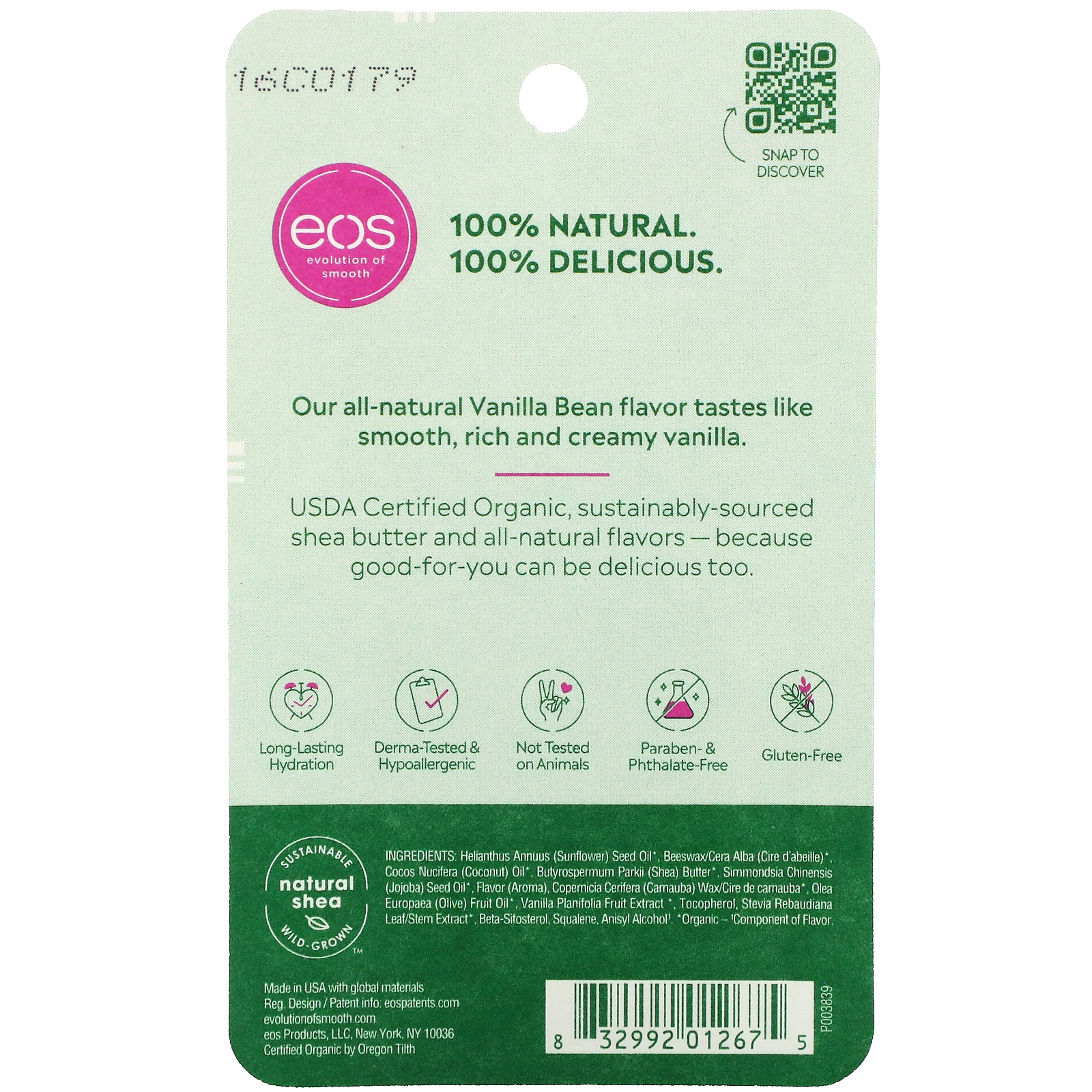 EOS, Organic 100 Natural Shea Lip Balm, Vanilla Bean, 2 Pack, 0.14 oz