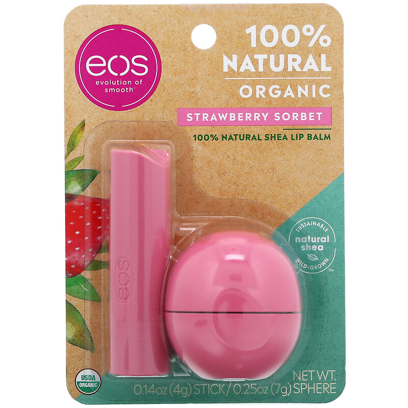 EOS, 100 Natural Shea Lip Balm, Strawberry Sorbet, 2 Pack, 0.39 oz (11