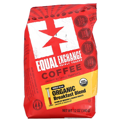 Equal Exchange органический кофе, смесь для завтрака, цельные зерна, средняя и французская обжарка, 340г (12унций)