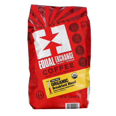Equal Exchange органический кофе, смесь для завтрака, цельные зерна, средняя и французская обжарка, 907 г (2 фунта)