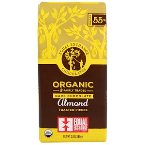 Equal Exchange, Органический темный шоколад, кусочки поджаренного миндаля, 2,8 унции (80 г)