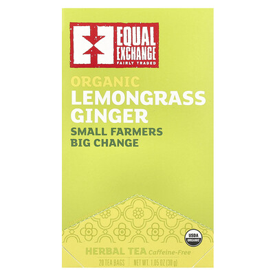 Equal Exchange, Organic Lemongrass Ginger Herbal Tea, Caffeine-Free, 20 Tea Bags, 1.05 oz (30 g)