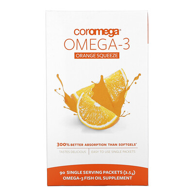Coromega Омега-3, Выжимающиеся пакетики со вкусом апельсина, 90 пакетиков, 2.5 г каждый