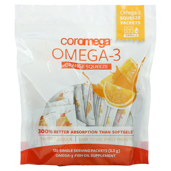 Омега-3, апельсиновые пакетики для выдавливания, 120 пакетиков по 2,5 г (каждый)