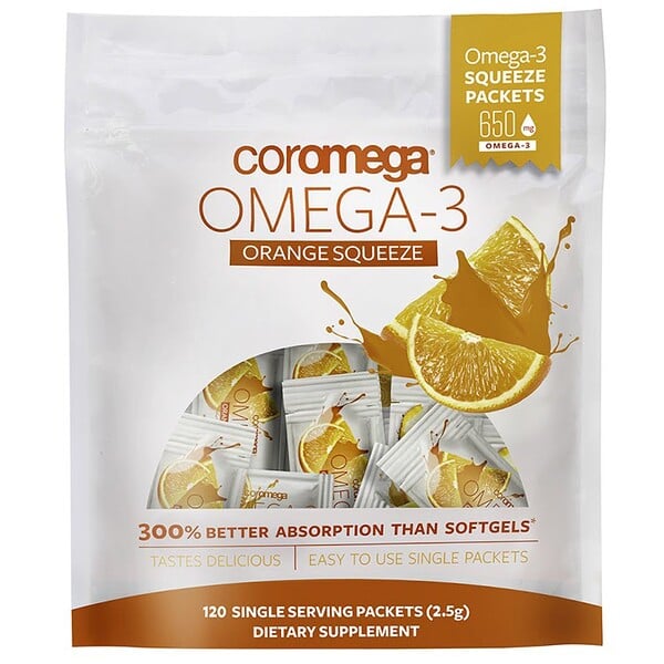 Coromega, Омега-3, апельсиновые пакетики для выдавливания, 120 пакетиков по 2,5 г (каждый)
