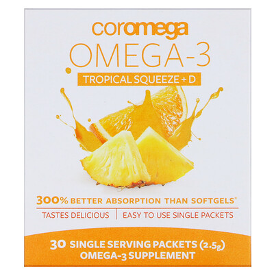 Coromega Omega-3 + Vit D, тропический апельсин, 30 одноразовых пакетиков, 2,5 г каждый