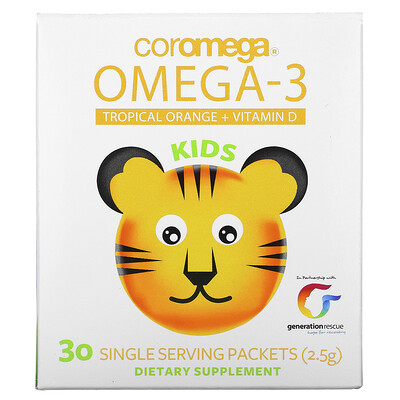 Coromega Kids, Omega-3, тропический апельсин + витамин D, 30 одноразовых пакетиков (2,5 г)