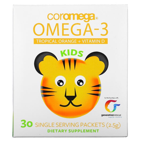 Coromega, Kids, Omega-3, Tropical Orange + Vitamin D, 30 Single Serving Packets, (2.5 g)