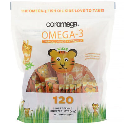 Coromega омега-3 кислоты для детей, с тропическим апельсином и витамином D, 120 одноразовых порционных пакетиков