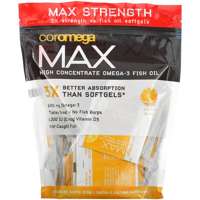 Coromega Max High Concentrate Omega-3 Fish Oil, Citrus Burst, 90 Squeeze Shots, 2.5 g Each