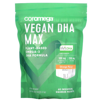 

Coromega Vegan DHA Max, апельсин, 60 индивидуальных пакетиков по 2,5 г