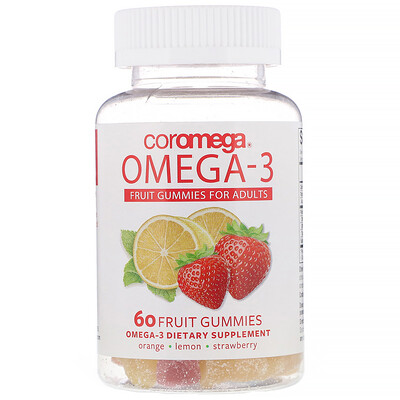 Coromega Омега-3, жевательный мармелад для взрослых со вкусом фруктов, апельсин, лимон, клубника, 60 фруктовых жевательных таблеток