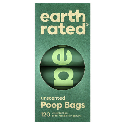 Earth Rated, Bolsas para excremento de perros, Sin fragancia, 120 bolsas, 8 rollos de repuesto