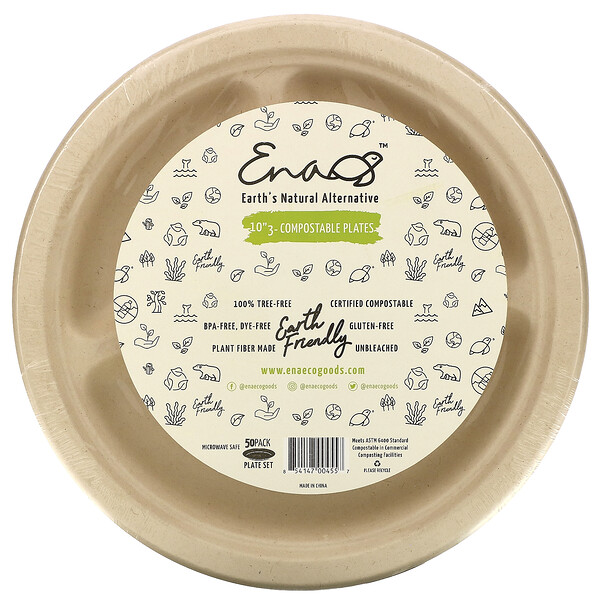 Earth's Natural Alternative‏, 10" 3- Compartment Compostable Plate, 50 Pack