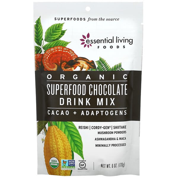 Essential Living Foods, Organic Superfood Chocolate Drink Mix, Cacao & Adaptogens, 6 oz (170 g)