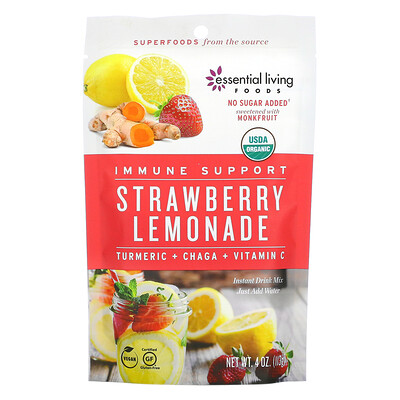 Essential Living Foods Immune Support, Instant Drink Mix, Strawberry Lemonade, Turmeric & Chaga & Vitamin C, 4 oz (113 g)