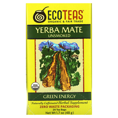 EcoTeas Yerba Mate, некопченный, зеленая энергия, 24 чайных пакетика, 48 г (1,7 унции)