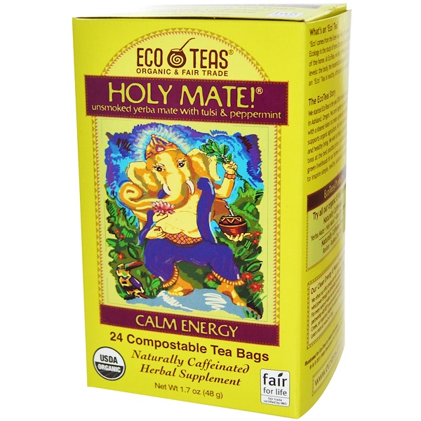 Eco Teas, Holy Mate!, спокойная энергия, некопченое йерба мате с тулси и перечной мятой, 24 чайных пакетика, 1,7 унции (48 г)
