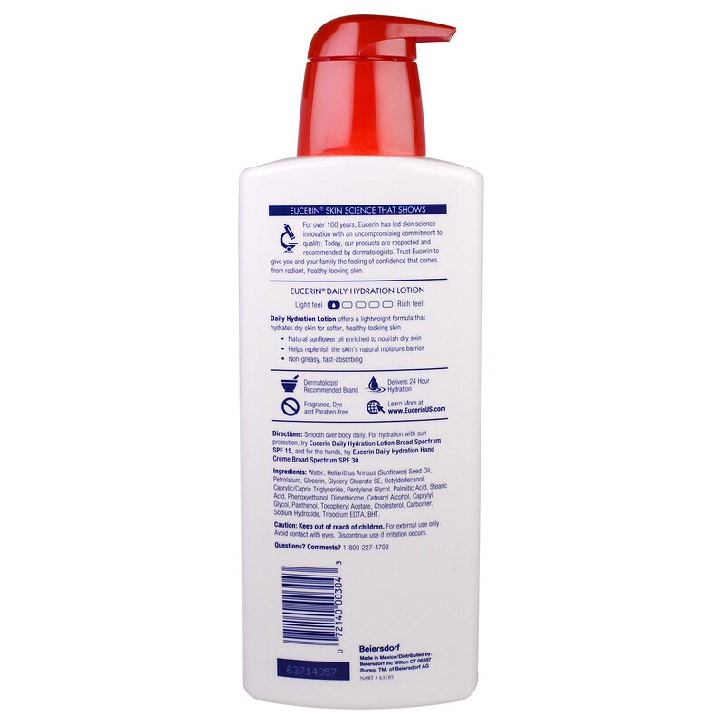 Eucerin, Daily Hydration, Lotion, Fragrance Free, 16.9 fl oz (500 ml ...