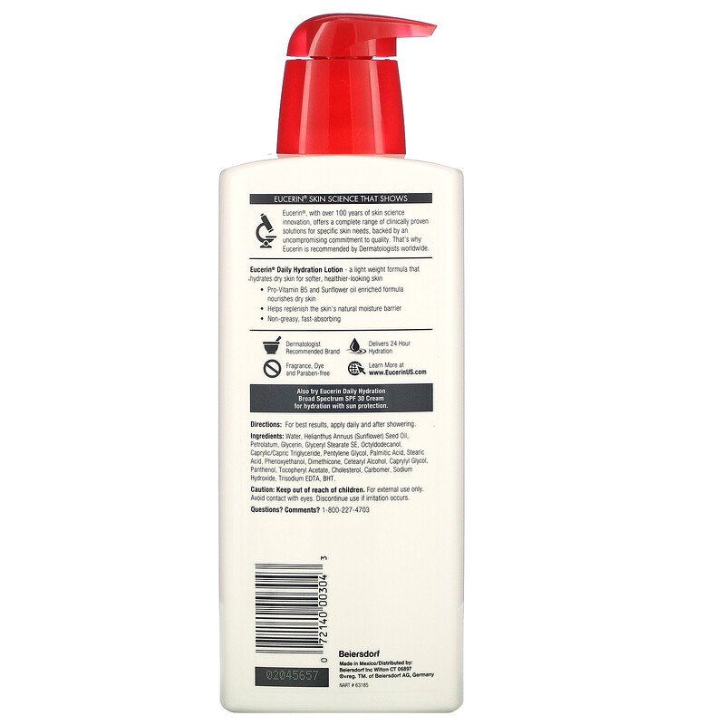 Eucerin, Daily Hydration Lotion, Fragrance Free, 16.9 fl oz (500 ml ...