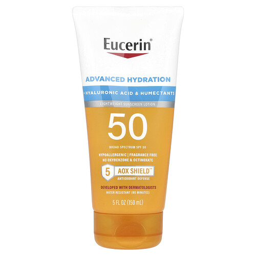 Eucerin, Advanced Hydration, Lightweight Sunscreen Lotion, SPF 50, Fragrance Free, 5 fl oz (150 ml)