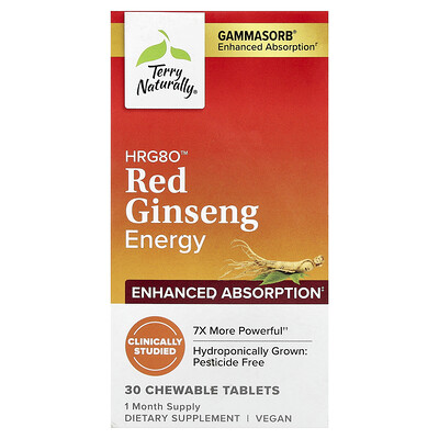 Terry Naturally, Ginseng rojo HRG80™ Energía, 30 comprimidos masticables (100 mg por comprimido)