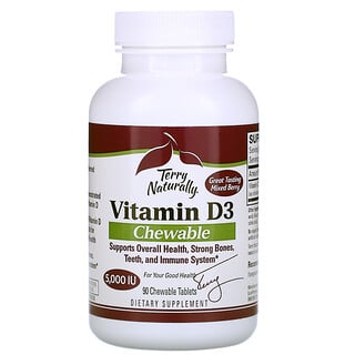 Terry Naturally, Vitamina D3 masticable, Bayas mixtas, 5000 UI, 90 comprimidos masticables