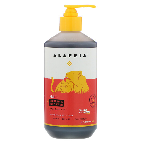 Alaffia‏, שמפו + סבון רחצה לילדים, קוקוס תות, 476 מ"ל (16 אונקיות נוזל)