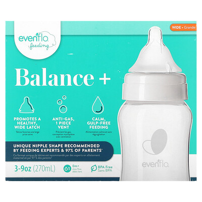 Evenflo Feeding Balance +, широкие, для детей от 0 месяцев, с медленным потоком, 3 флакона по 270 мл (9 унций)