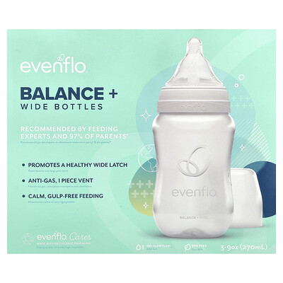 Evenflo Feeding, Balance+ flasker, brede, 0+ måneder, langsom flow, 3 flasker, 9 oz (270 ml) pr. stk.