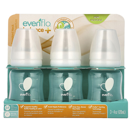 Evenflo Feeding, Balance+ flasker, standard, 0+ måneder, langsom flow, 3 flasker, 120 ml pr. stk.