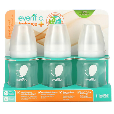 Evenflo Feeding Balance+ Bottles Standard 0+ Months Slow Flow 3 Bottles 4 oz (120 ml) Each
