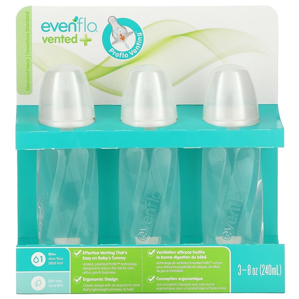 Evenflo Feeding, Vent+ Twist PP Clear Bottles, Standard, 0+ Months, Slow, 3 Pack, 8 oz (240 ml) Each