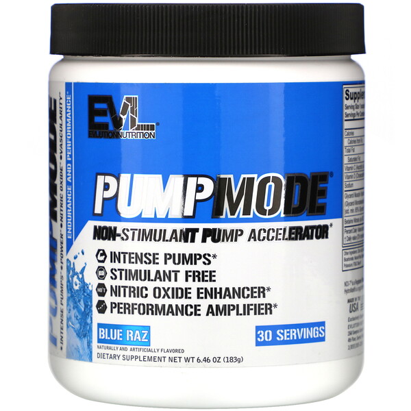 EVLution Nutrition‏, PumpMode, Non-Stimulant Pump Accelerator, Blue Raz, 6.46 oz (183 g)