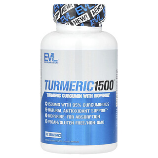 EVLution Nutrition, Turmeric 1500®, куркумін із куркуми з BioPerine®, 90 веганських капсул