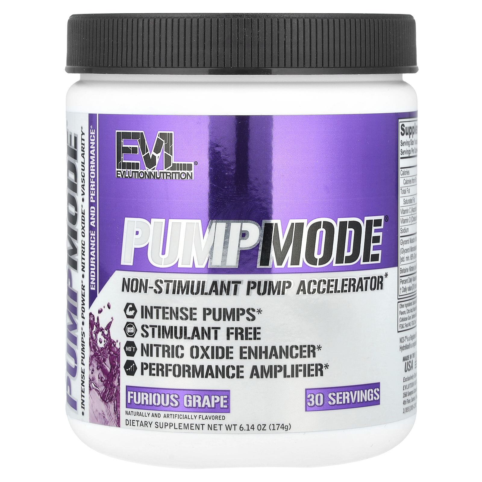 EVLution Nutrition (에볼루션뉴트리션), PumpMode®, 비자극성 펌핑 촉진제, 퍼리어스 포도 맛, 174g(6.14oz)