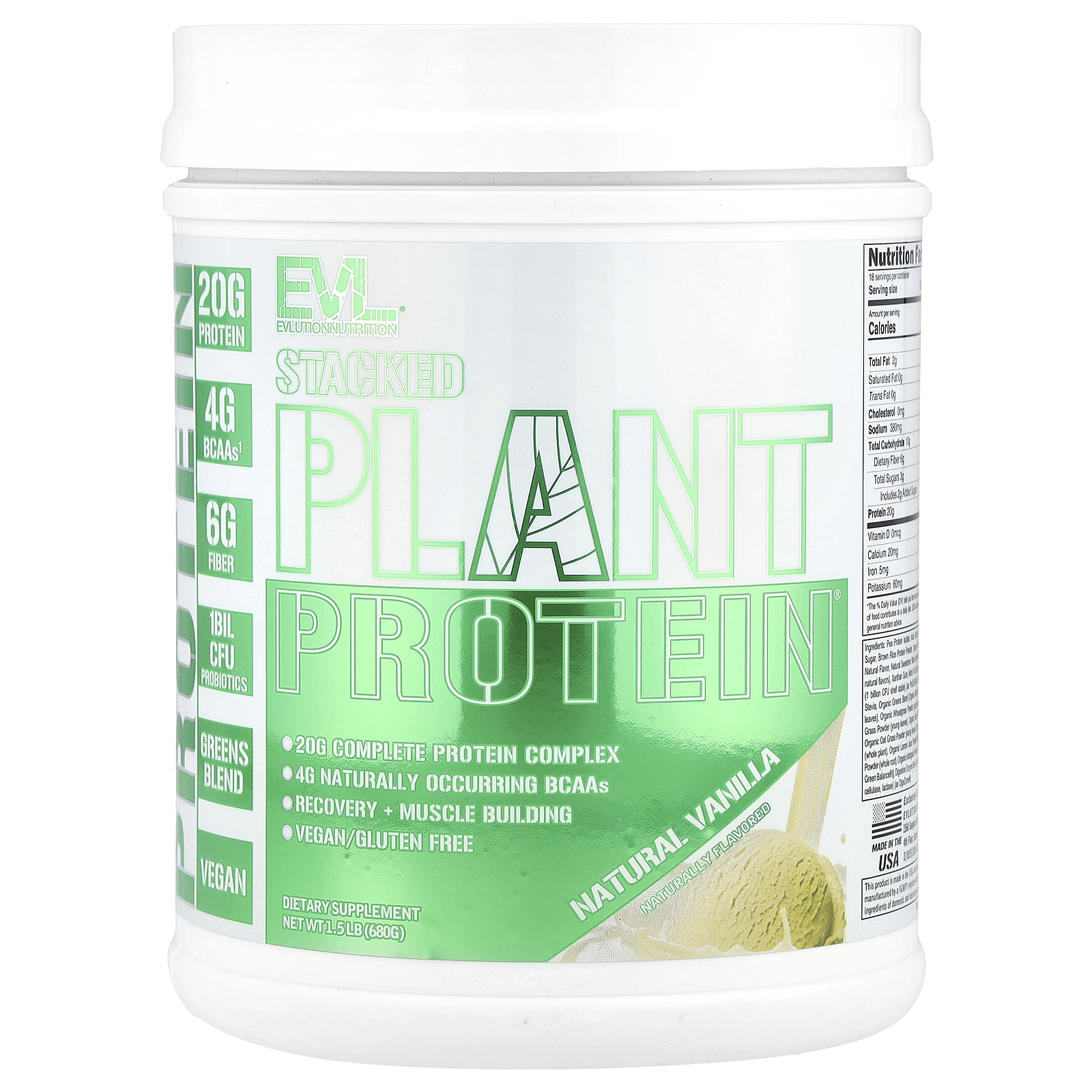 EVLution Nutrition (에볼루션뉴트리션), Stacked Plant Protein, 천연 바닐라, 680g(1.5lb) (판매가 중단된 상품)