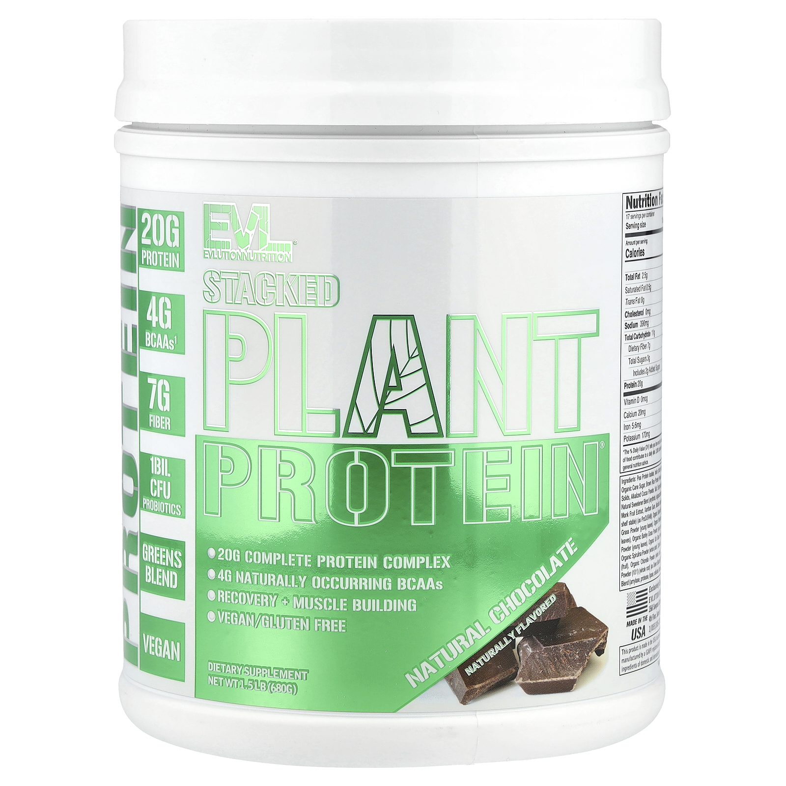 EVLution Nutrition (에볼루션뉴트리션), Stacked Plant Protein®, 천연 초콜릿, 680g(1.5lb) (판매가 중단된 상품)